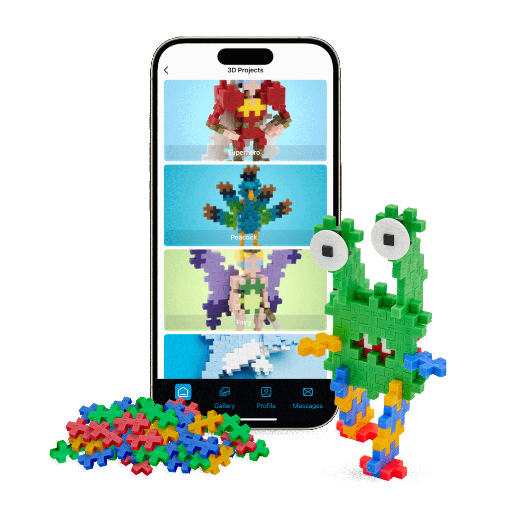 Plus-Plus App 3D 專案畫面與綠色怪獸作品